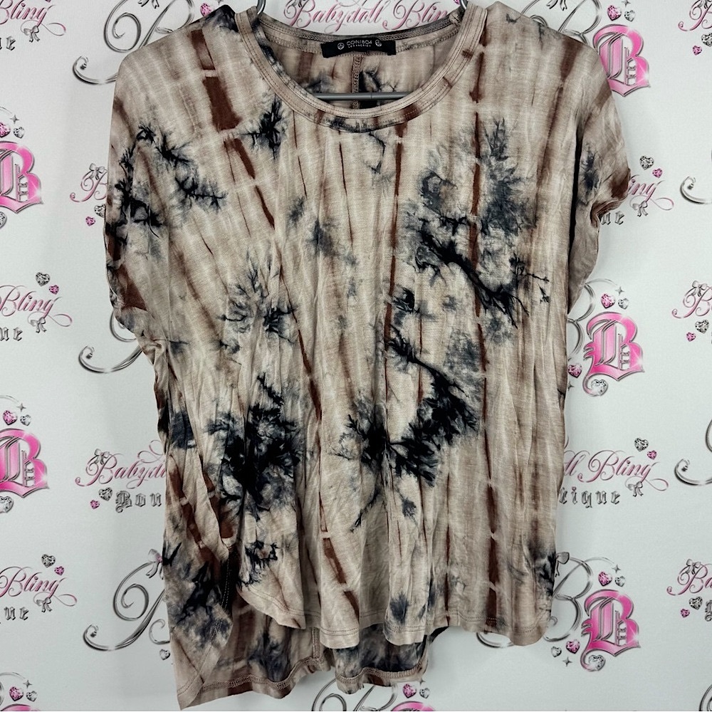 Coin 1804 Los Angeles Brown cream Black Tie-Dye Short Sleeve Top boho tshirt tee